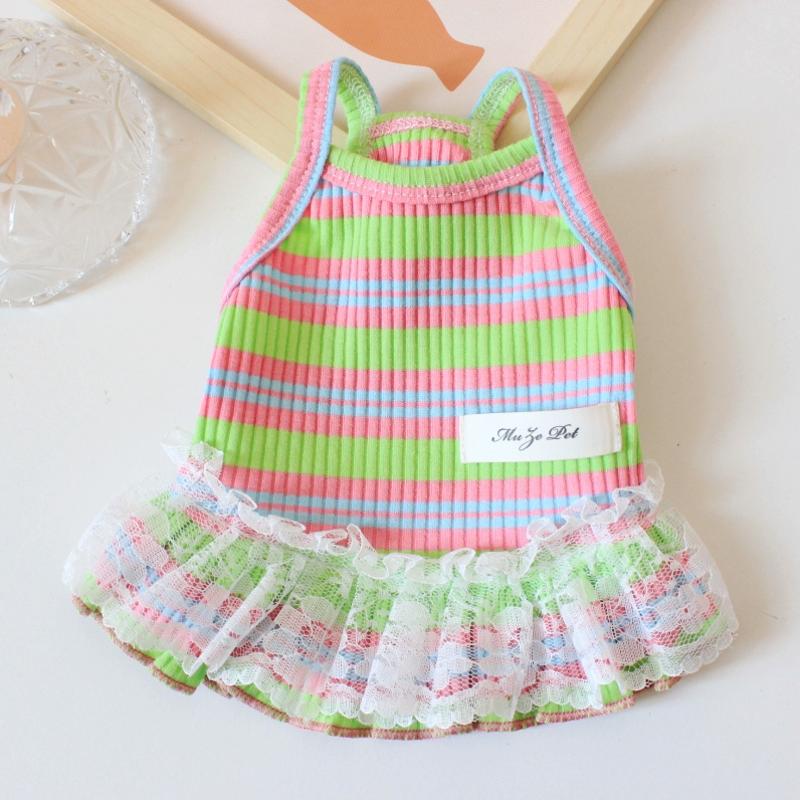 Puppy Summer Clothes Pet Outfit Lace Striped Dog Dress Cat Vest Chihuahua Bichon Yorkie Suspenders Skirt Cute Female Dog Tshirt