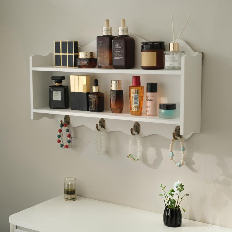 Zakka Style Nordic Wall Shelf with Hooks, Solid Wood Double-Layer Storage Rack for Kitchen Dining Room Wall Decor
