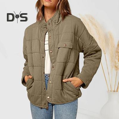 Lady Winter Coat Stand Collar Neck Protection Padded Thick Solid Color Long Sleeves Chest Pocket Button-down Cardigan Daily Commute Travel Jacket