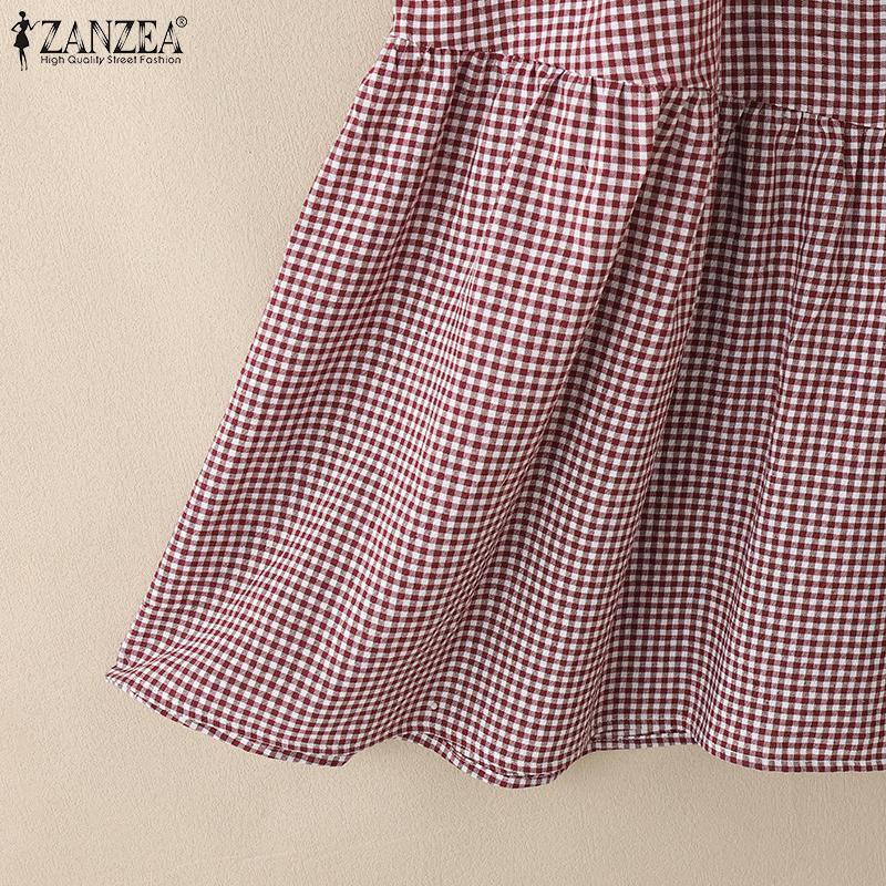 ZANZEA Women Casual Stand Collar Loose Short Sleeve Grid Print Dress