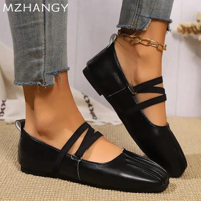 Fashion Women Leather Ballet Dance Shoes Shallow Square Toe Flats Shoes Woman 2025 Trend Fashion Elegant Autumn Shoes Zapatillas Mujer