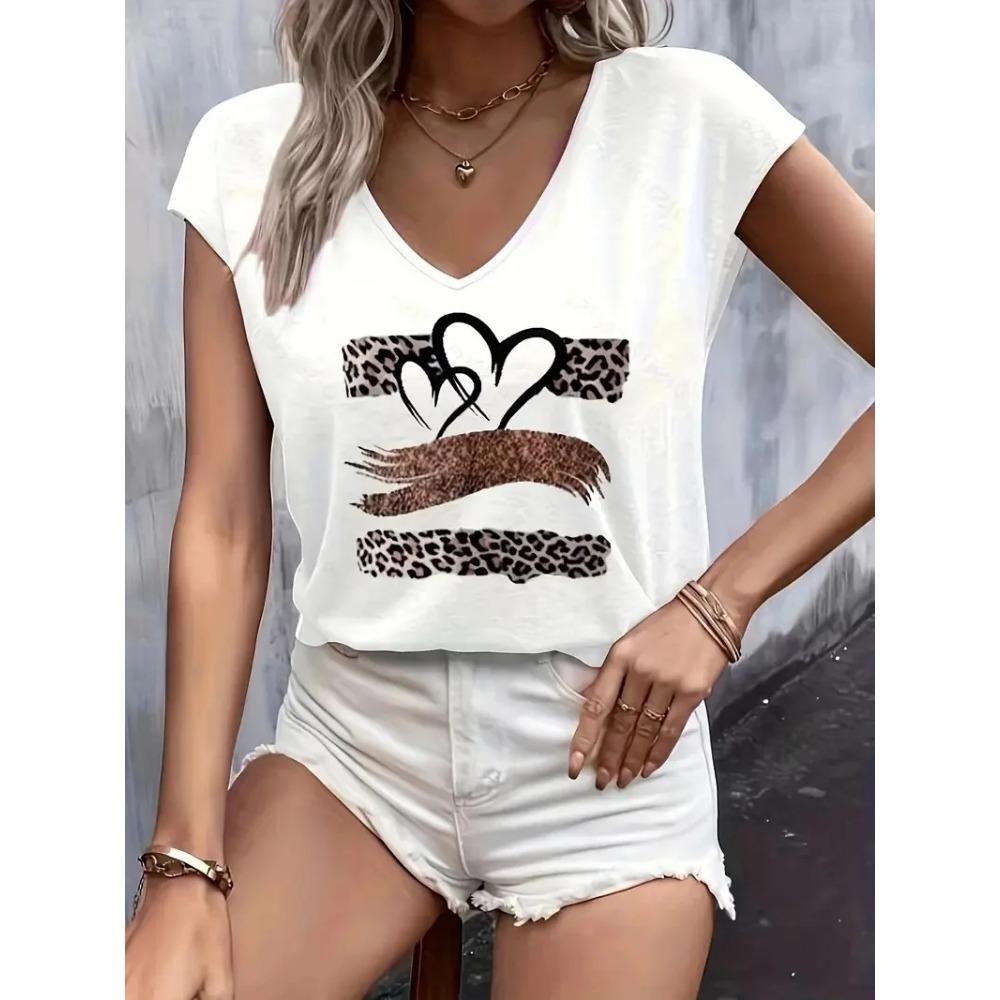 Summer Women's T-shirt Cat Pattern Printing V-neck Short-sleeved Loose Oversized Clothes