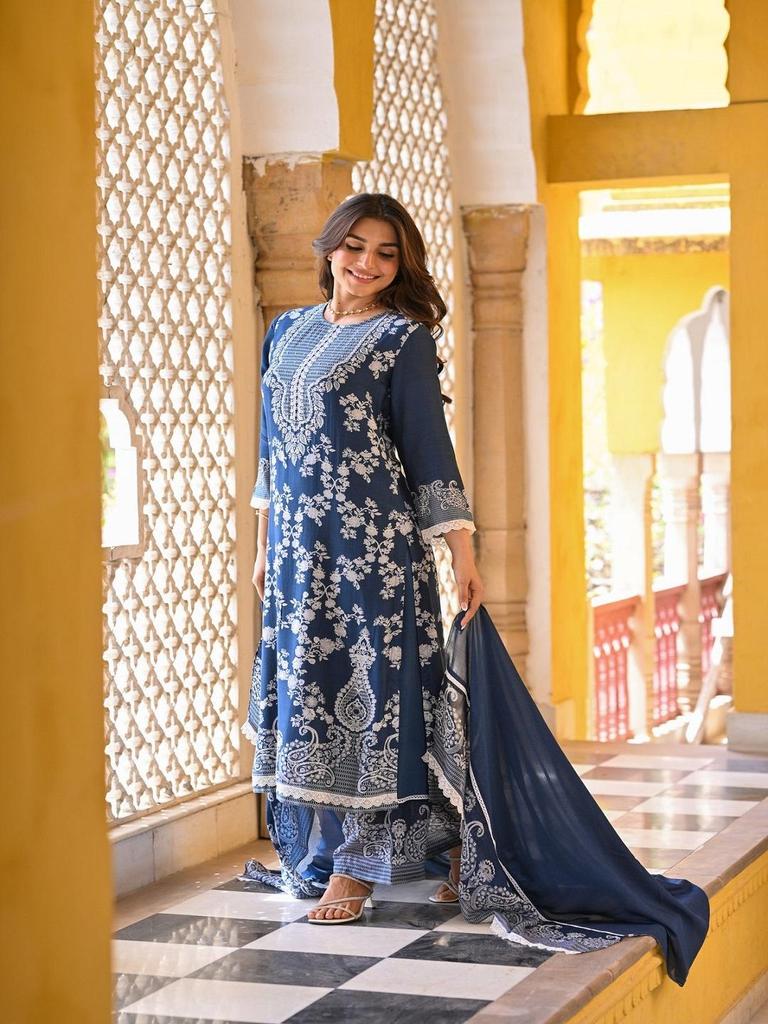 Women Blue Kurta Set with Dupatta Printed Ethnic Suit Festive & Party Wear