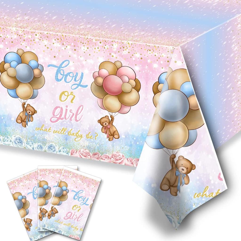 Bear Baby Shower Decorations,3pcs Pink Teddy Bear Baby Shower Tablecloths Bear Tablecloth Plastic Bear Baby Girl Table Covers for Girl Gender Reveal