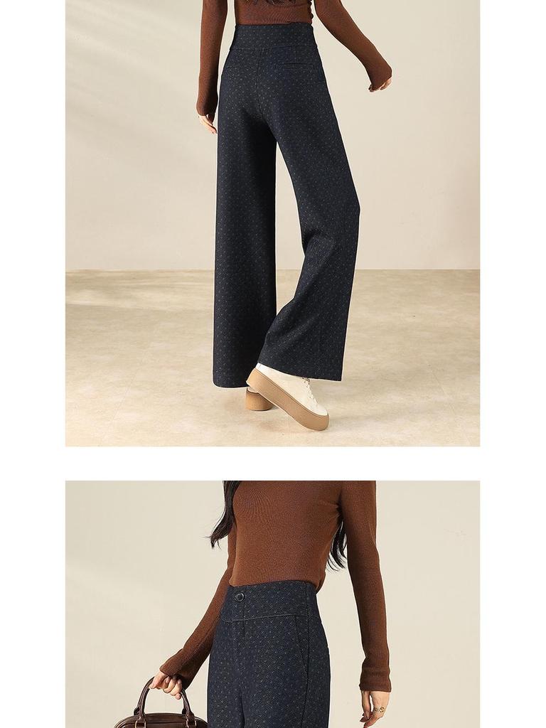 Women's Gray Wool High-Waisted Wide-Leg Floral Pants - Winter Casual, Thickened, Loose, Slimming, Versatile