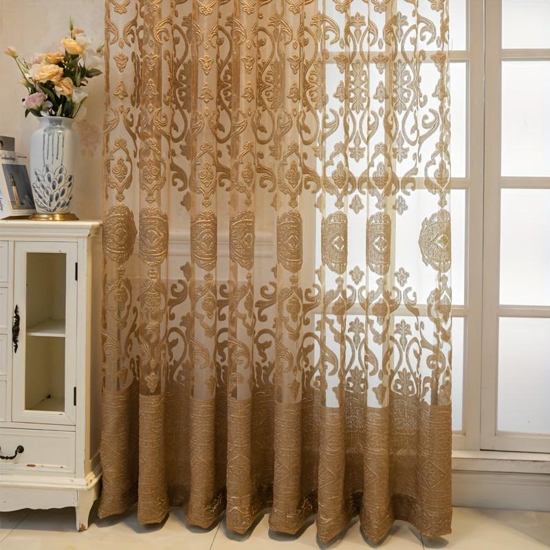 1PC Golden Elegant Jacquard Sheer Curtain with Grommet Top - Perfect for Bedroom, Living Room & Home Decor
