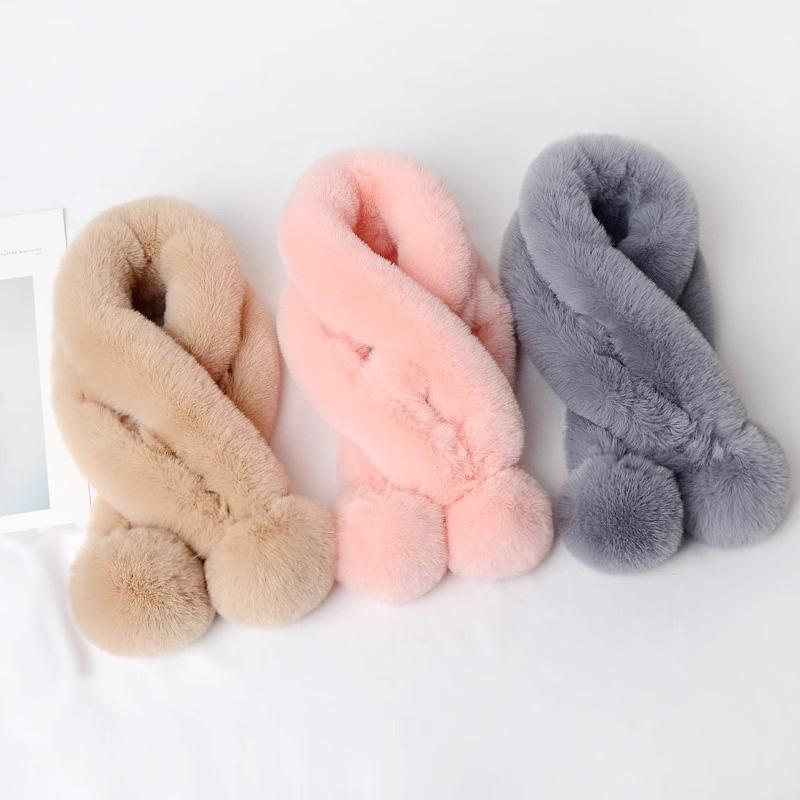 1pc Plush Cross Scarf Faux Rabbit Fur Thickened Plush Ball Thermal Scarf Thick Winter Women Neck Warmer Collar Neckerchief