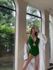 Retro Hong Kong Style Sexy Deep V-Neck Green One-Piece Swimsuit for Women - Slimming, Tummy Concealing, Perfect for Hot Springs
