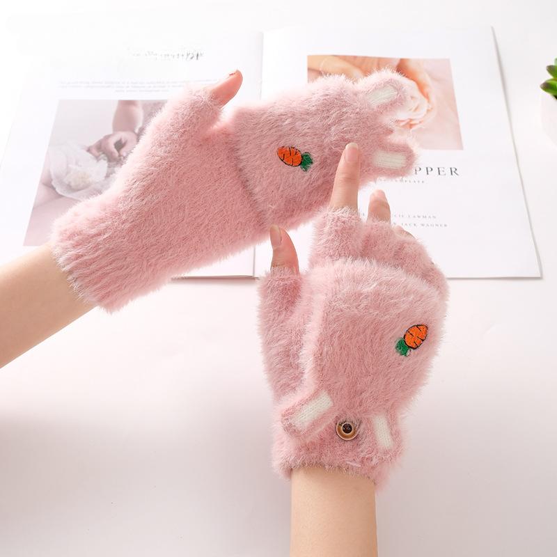 Cartoon Carrot Flip Gloves Women's Winter Fleece Warm Rabbit Ear Plush Half-finger Gloves
