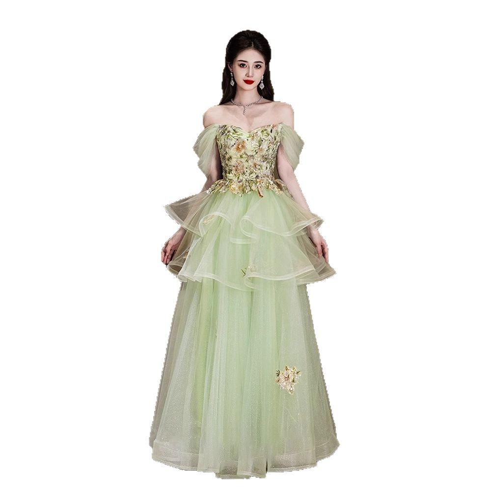 Mori grünes Abendkleid 1011 neues One-Shoulder-Kleid leichter Luxus Nische High-End Jahresversammlung Gastgeber Bankettkleid