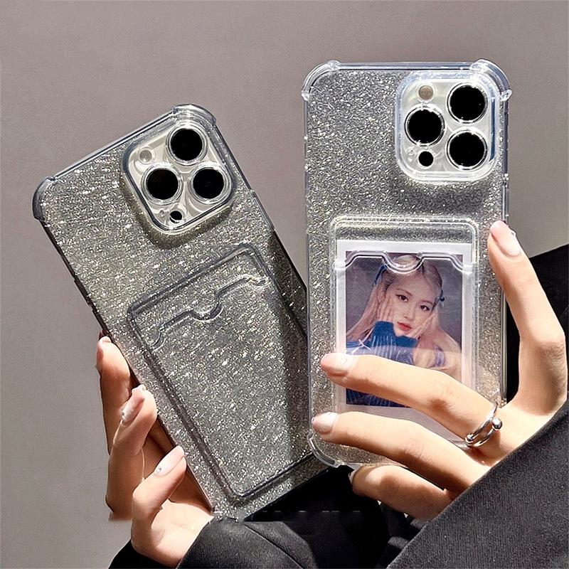 Glitzerndes Papier-Kartenetui für iPhone 14 11 13 12 Pro Max X XR XS Max 7 8 Plus Weiche Silikon-Geldbörse Klare transparente Abdeckung