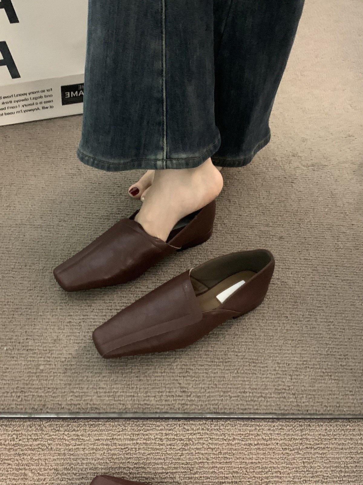 

Ретро Muller квадратная голова нишевая одинарная обувь женская обувь весна и осень с юбкой французская юбка замшевые мокасины на низком каблуке 40 темно-коричневого