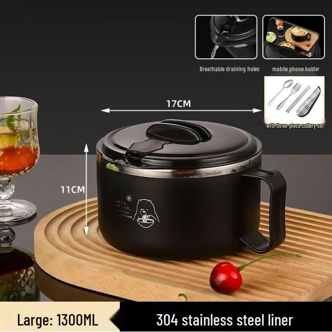 304 Stainless Steel Noodle Bowl with Lid: Large Capacity, Water-Draining for Dorm, Office, or Canteen