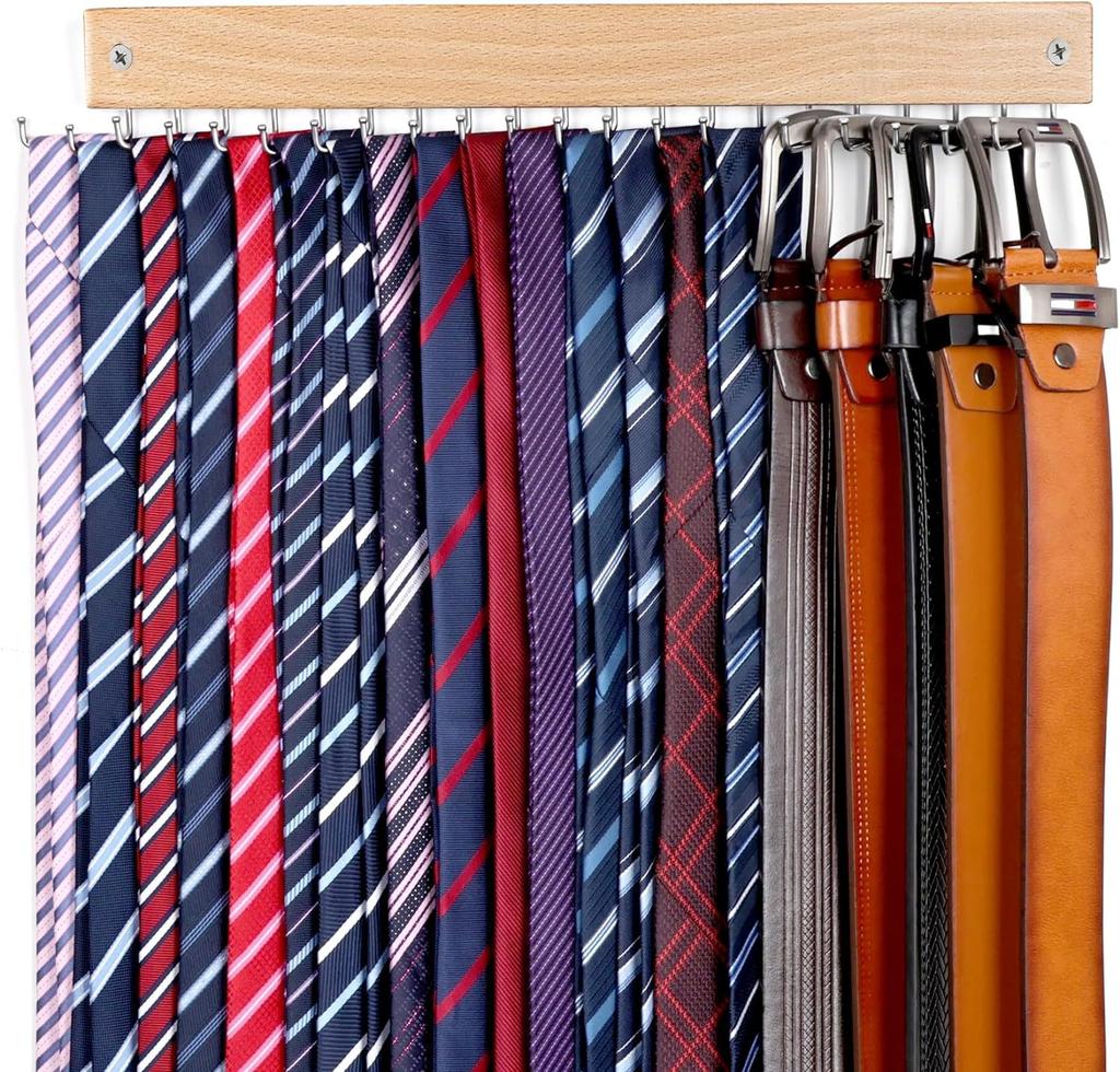 Tie Rack Wall Mounted Belt Pendant Storage Works Tie Rack with 20 Hooks Wooden Metal Belt Rack Organizer Men Tie Belt Hangers