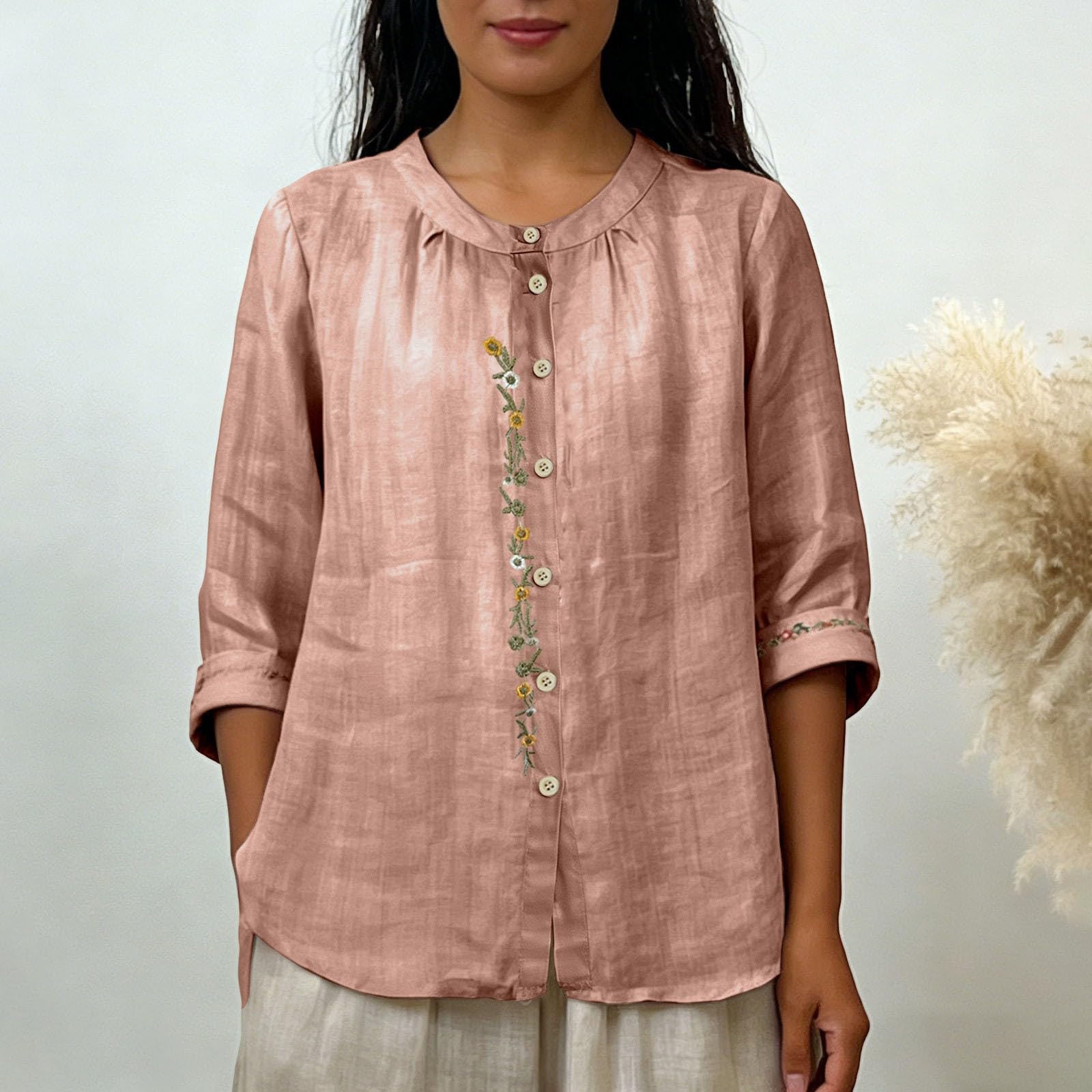 

Women 3/4 Sleeve Crew Neck Button Down Shirt Loose Fit Bohemian Embroidered Casual Blouse Top for Everyday Wear M помаранчевий
