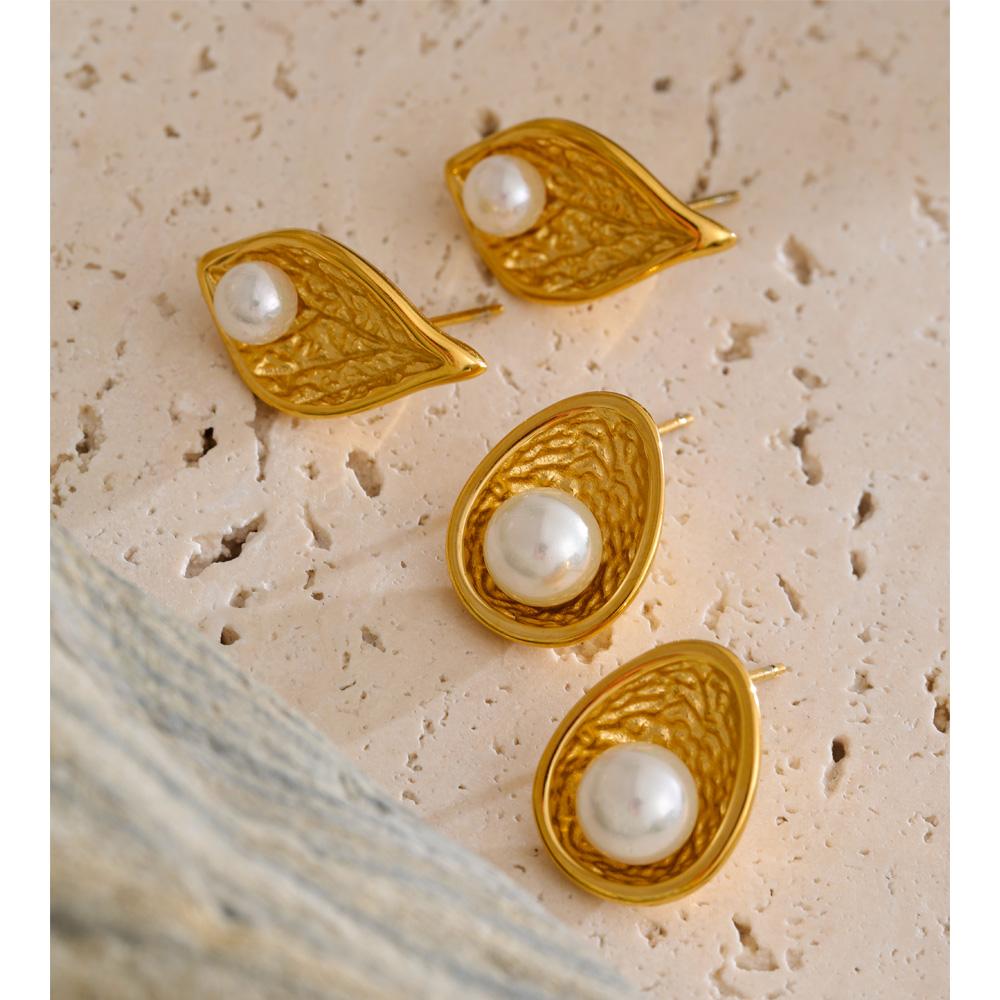 Eetit New Stainless Steel Simulated Pearls Leaf Stud Earrings 18K Golden Plated Chic Daily Jewelry Hypoallergenic