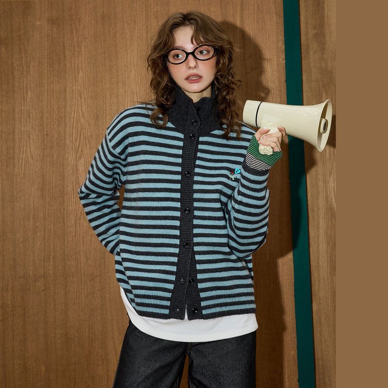 Coolhut2025 Autumn and Winter New Fashion Elegant Long-Sleeved Cardigan Korean Style Casual Lazy Style Contrasting Stripes