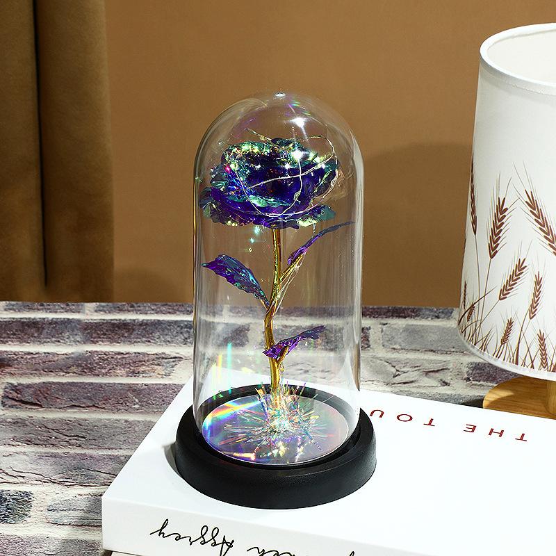 Valentine's Day Immortal Flower Glass Cover Colorful Rose Led Light Desktop Ornament, Birthday Gift Spot