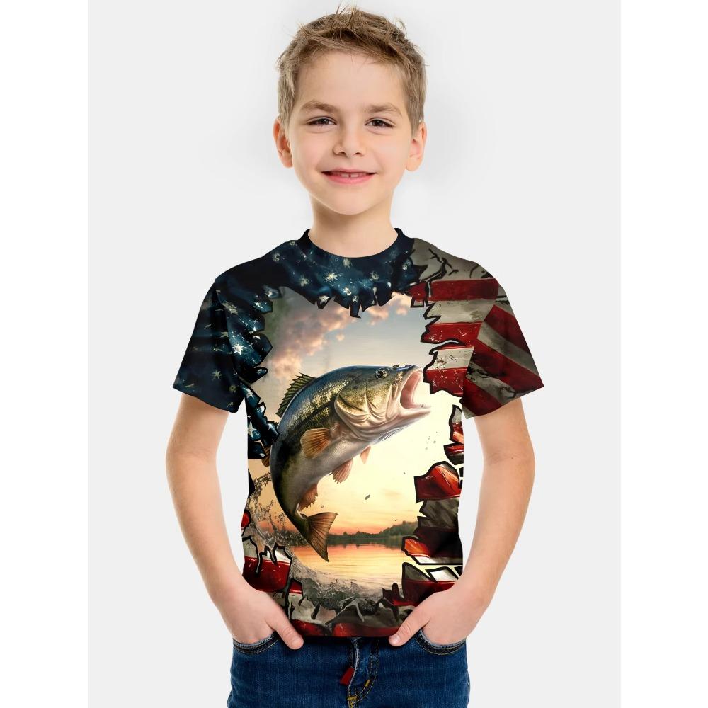Boys' Clothing with Fish Pattern 3D Printed T-shirt, Summer New Style, Children's Fishing Shirt, Casual Short Sleeved Fashionable Street Top