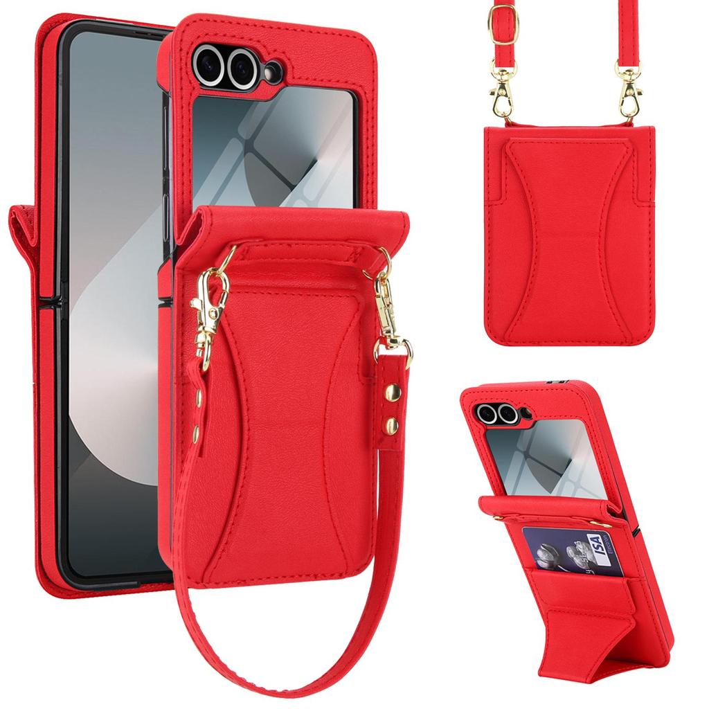 Samsung Flip6/7 Leather Crossbody Phone Case with Card Slot & Tempered Film Protection