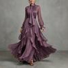 Rochie lungă, mulată, cu mâneci lungi, margini cu volane mov, stil european și american, rochie de seară, modă, temperament
