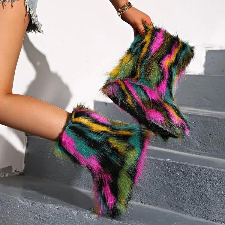 Fashion New Winter Fur Onepiece Raccoon Fur Female Snow Boots Fur Shoes Outdoor Mid Leg Boots