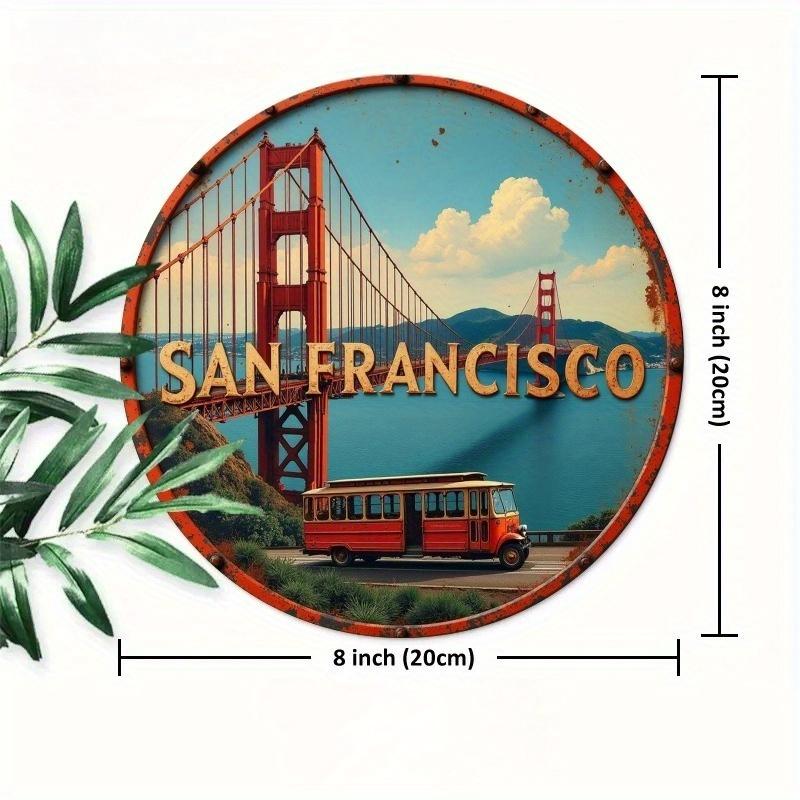 

2d Flat 20*20cm Circular Wooden Sign, San Francisco Downtown and Golden Gate Bridge Landscape Logo, Unique, Durable, Easy To Hang Wooden Decoration 20*20cm
