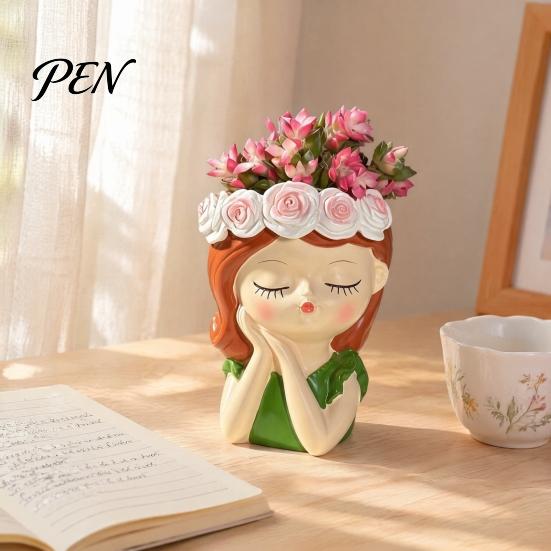 Whimsical Home Decor Cute Girl Resin Planter, Head Planter with Rose Garland, Decorative Indoor Plant Container for Succulents Cactus Desk Desktop