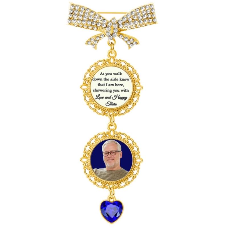 DIY Customizable Wedding Photo Brooch Charm With Rhinestones Bowknot Blue Heart Pendant For Bridal Bouquet Keepsake
