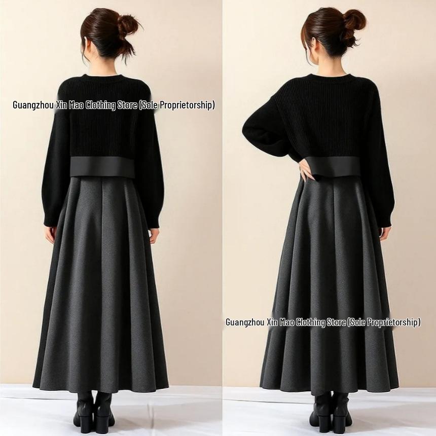 2025 High-End Plus Size Black Knit Patchwork Long Sleeve Dress