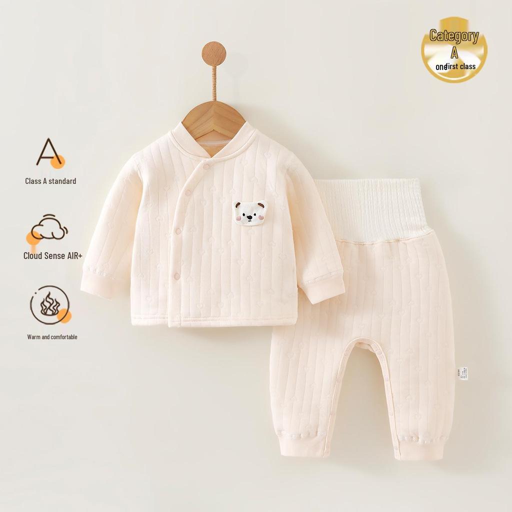 Herbst- und Winterkleidung für Babys: Dreilagiges warmes Set mit hoher Taille, gepolstertem Neugeborenen-Oberteil & Hose