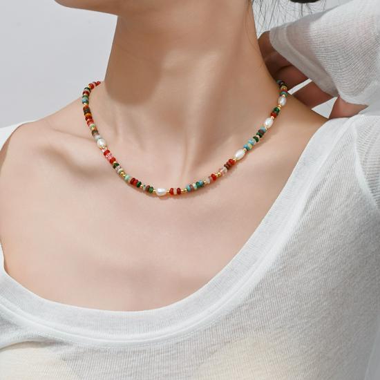 Bohemian Style Colorful Stone & Freshwater Pearl Minimalist Necklace for Women
