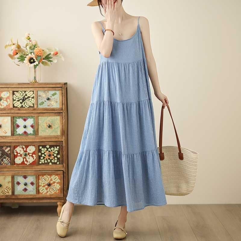 Dam Blå Hängselkjol Havsfräsch och Mild Rutig Lös Ärmlös Klänning Dam
