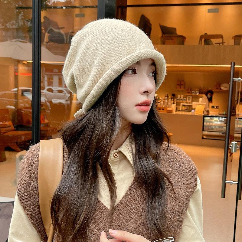 Hats Women's Autumn and Winter Woolen Hats Big Head Circumference Showing Face Small Cold Hat Drawstring Pile Hat Curled Knitted Hat Casual Hat