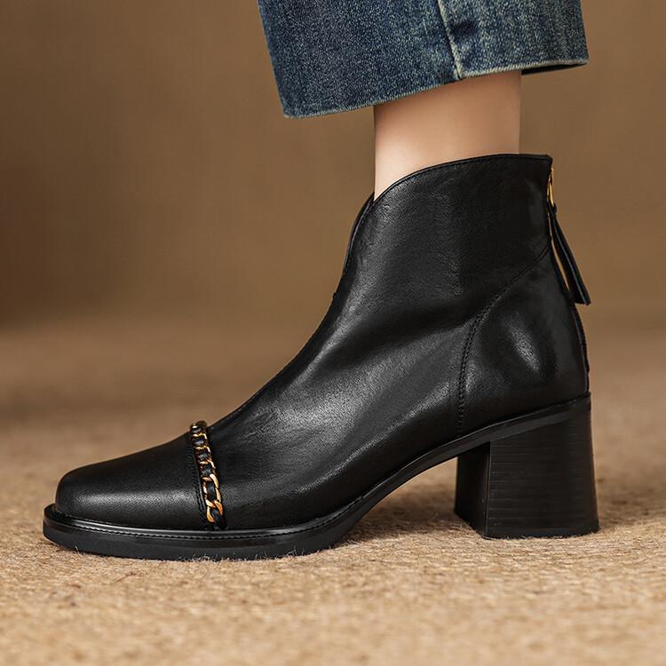 Fashion New Autumn Winter Genuine Leather Women Boots Fashion Metal Chain Chelsea Boots for Women Short Boots High Heels Botines Mujer