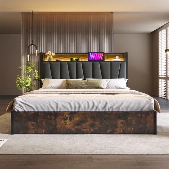 Upholstered Bed Metal Bed LED App-Control Double Bed with Charging USB Charging Function Headboard And LED Light, Metal Bed 140x200cm Wooden Slatted