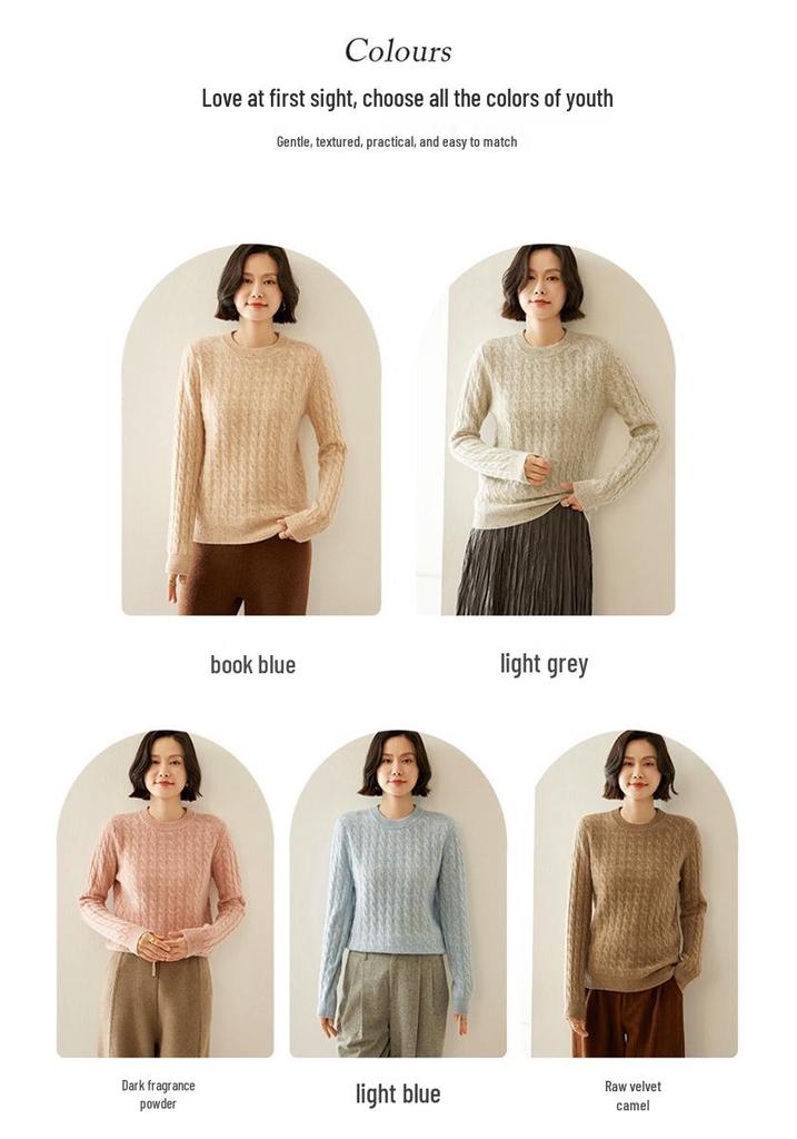 Cashmere Women's Round Neck Cable Knit Sweater - 2025 Autumn/Winter Retro Loose Slimming Pullover.