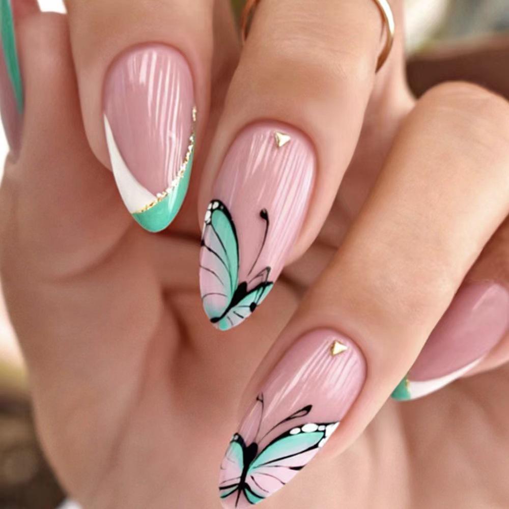 

European & American Style Green & White Butterfly Almond Nail Art