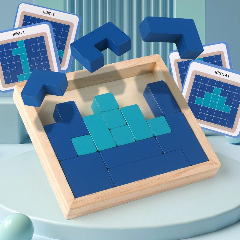 Wooden Buliding Blocks Puzzle with Hint Cards, Cultivate Children's Logical Thinking And Hands-on Ability, Brain Teaser Toy