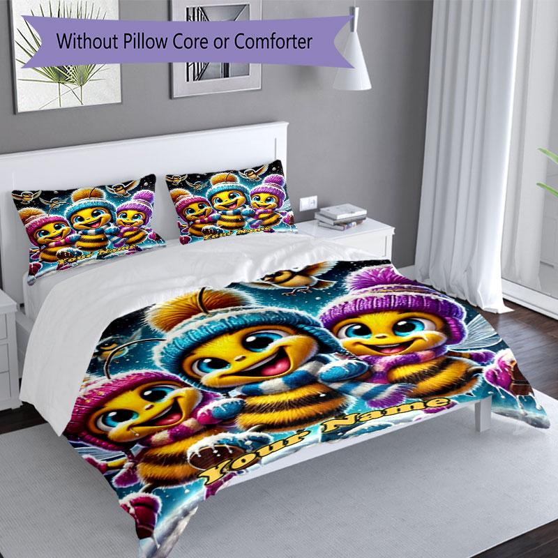 3pcs Custom Name Winter Bees Adventure Bedding Set Printed Bedding Set Duvet Cover Closure Includes 1 Duvet Cover & 2 Pillowcases Bedroom Decor