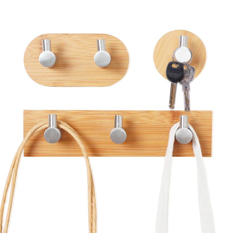 Bamboo Clothes Hook Towel Keys Adhesive Hook Stainless Steel Rustproof Coat Towel Holder Kitchen Bathroom Decorative Hanger