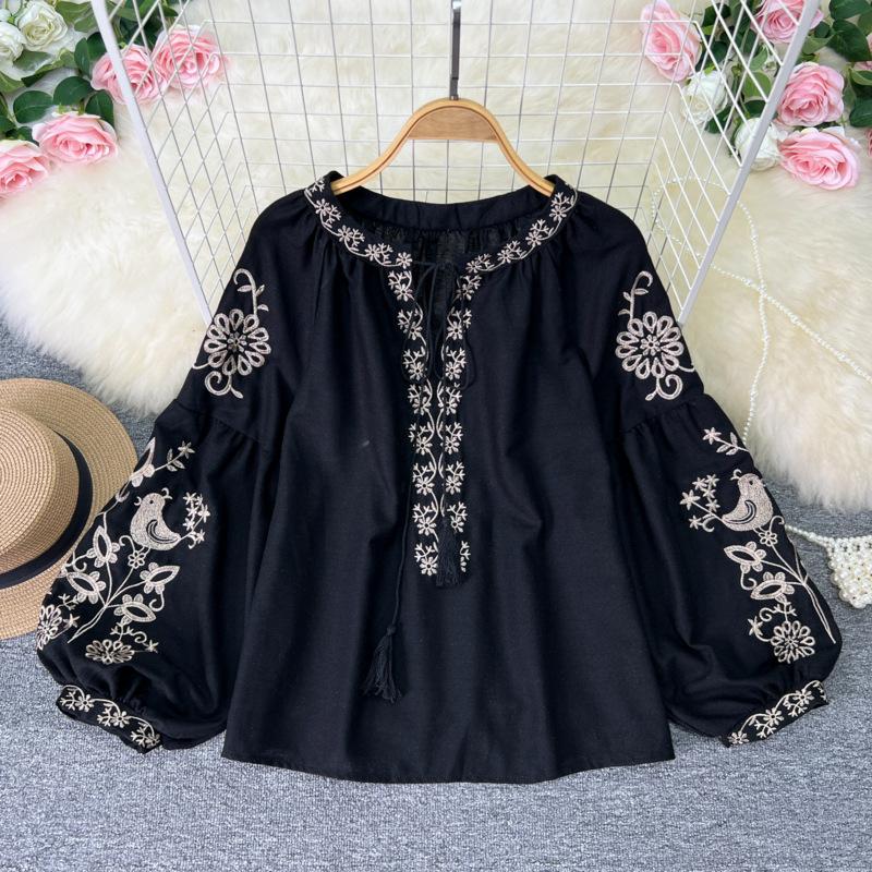 

Женская винтажная вышитая блузка в этническом стиле с кисточками и завязками на шее, свободный топ с рукавами-фонариками для отпуска 2XL