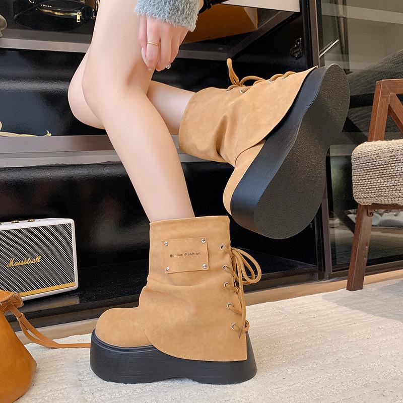 Thick Bottom Women Ankle Boots Designer Back Lace Up Platform Heel Shoes Autumn Winter Modern Short Booties