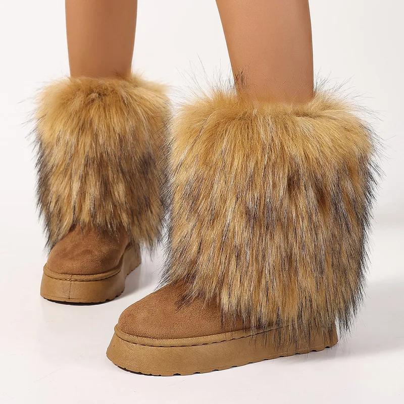 Winter women faux fur snow boots warm short plush lining fluffy fashion furry shoes woman platform suede leather ankle boots