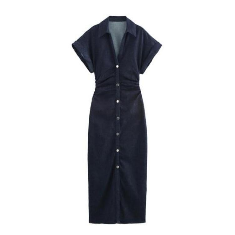 Lapel V Neck Button Down Women Jean Shirt Dress Maxi Long A Line Denim Dress Pleated Waist Short Sleeve S