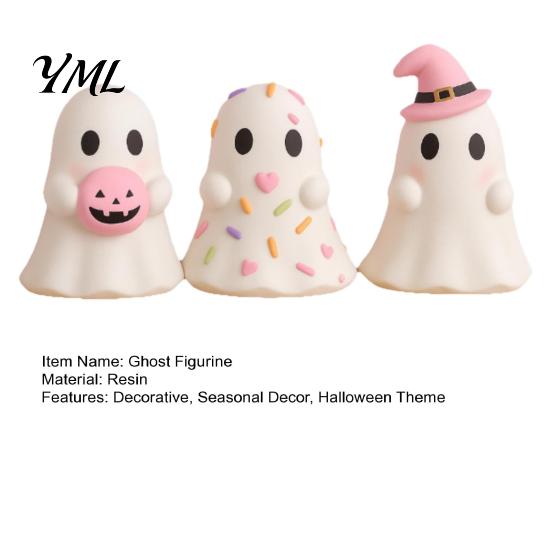 Desktop Halloween Decoration Cute Ghost Resin Figurine, Candy Pumpkin Witch Hat Figurine for Kids Desk Decor Girls, Pink White Kawaii Tabletop