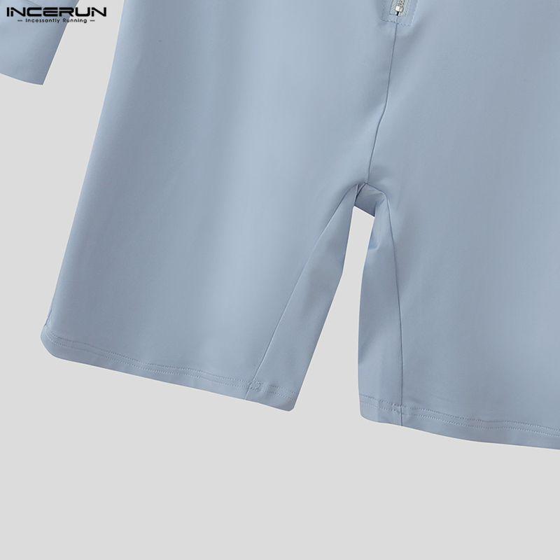 INCERUN Men High Neck Long Sleeve Zip-up Rib Jumpsuits Rompers Underwear