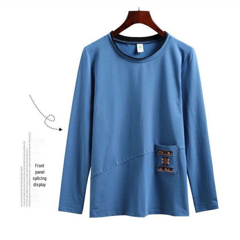 Herbst Übergröße Bestickte Tasche Langarm T-Shirt für Frauen mittleren Alters