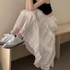 Women Maxi Skirt Elastic High Waist A-Line Skirt Solid Color Hollow Crochet Flower Pattern Ruffle Stitching Cake Skirt