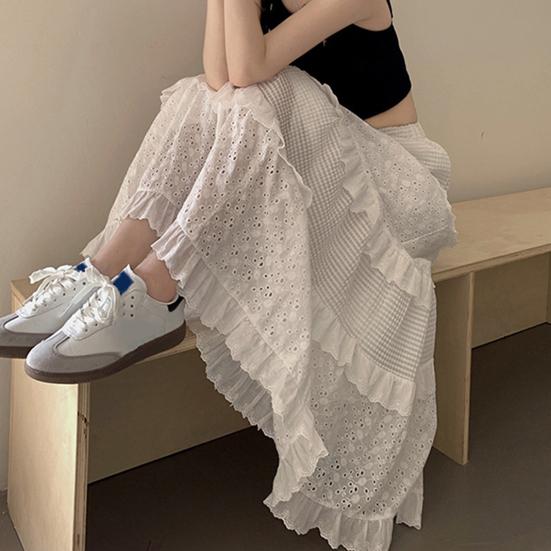 Women Maxi Skirt Elastic High Waist A-Line Skirt Solid Color Hollow Crochet Flower Pattern Ruffle Stitching Cake Skirt
